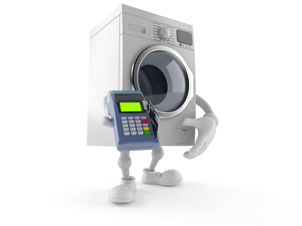 washing  machine character holding a credit card reader
